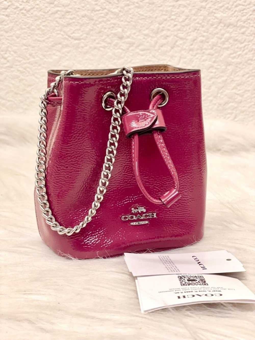 Coach Patent Leather Mini Drawstring Bucket Bag in Fuchsia